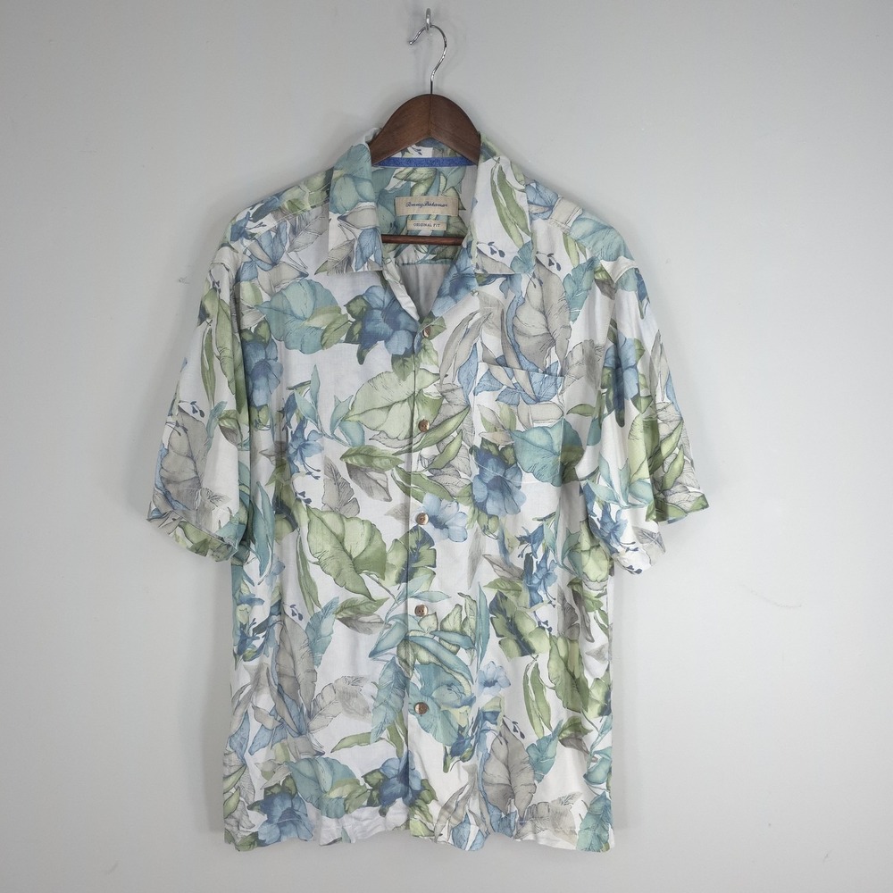 Tommy Bahama Shirt Mens Large Blue Green Floral Silk Hawaiian Short Sleeve Loop